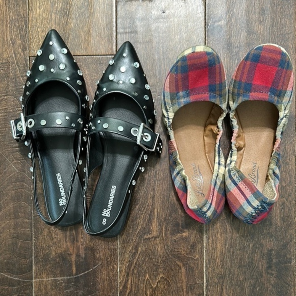 Bundle No Boundaries Black Studded Flats & Lucky Brand Plaid Slip-On Shoes SZ 8